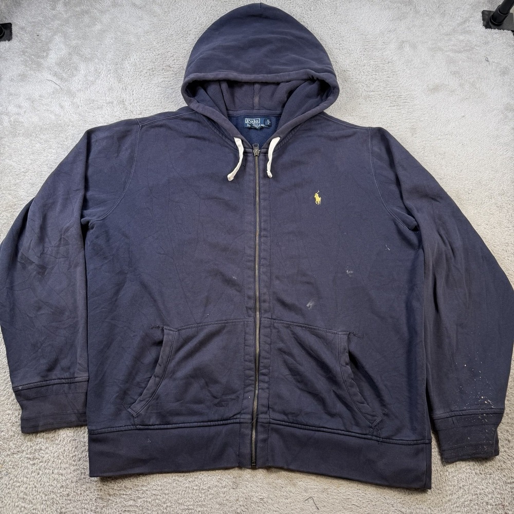 Vintage Polo Ralph Lauren Hoodie Mens 2XL Navy Waffle Knit Hood Full Zip Pony